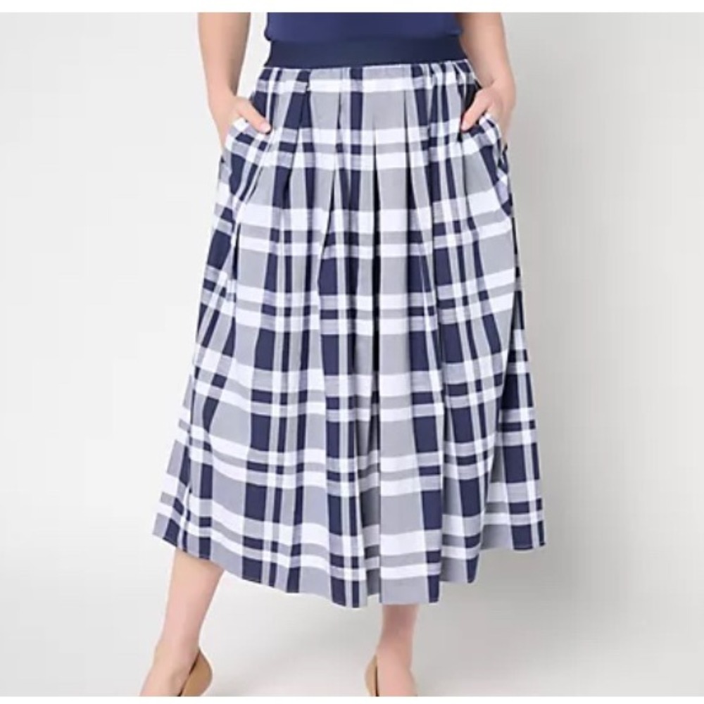 Joan Rivers Navy White Plaid Midi Full Skirt Elastic Waist Preppy Classic Sz S